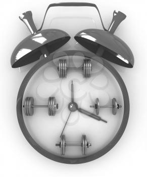 Alarm clock icon with dumbbells. Sport concept on a white background