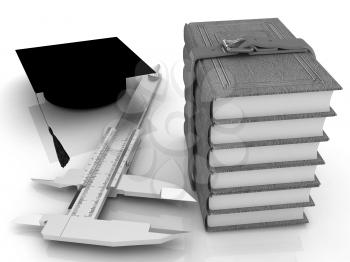 Vernier caliper, books and graduation hat. The best professional edication concept on a white background