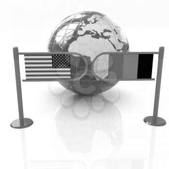 Three-dimensional image of the turnstile and flags of USA and Belgium on a white background 