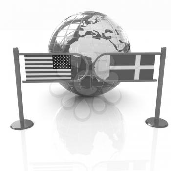 Three-dimensional image of the turnstile and flags of Denmark and USA on a white background 