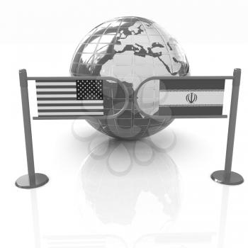 Three-dimensional image of the turnstile and flags of USA and Iran on a white background 