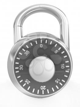 Illustration of security concept with metal locked combination pad lock on a white background