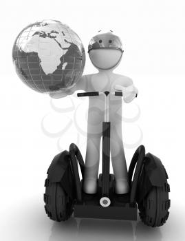 3d white person riding on a personal and ecological transport and earth.Global ecology and healthy life concept.3d image. 