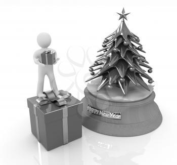 3D human, gift and Christmas tree on a white background