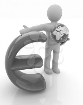 3d people - man, person presenting - euro with global concept with Earth
