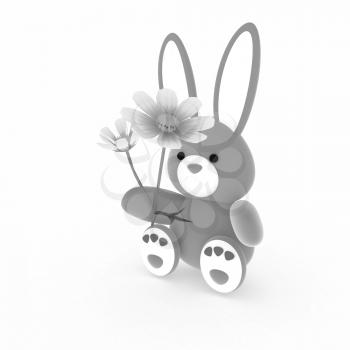 soft toy hare with a little red hearts on white paws and cosmos flower on a white background