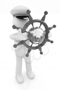 Sailor with steering wheel and earth. Trip around the world concept on a white background