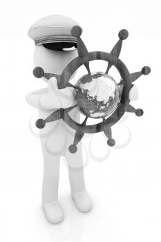 Sailor with wood steering wheel and earth. Trip around the world concept on a white background