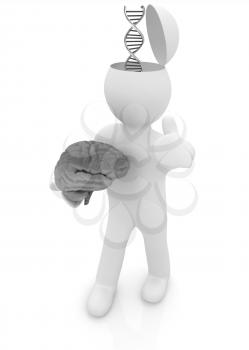 3d people - man with half head, brain and trumb up. Medical concept with DNA model