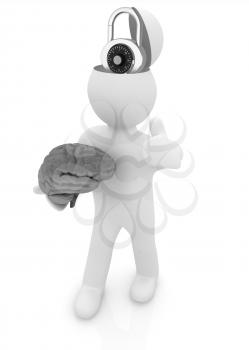 3d people - man with half head, brain and trumb up. The concept of protection with lock