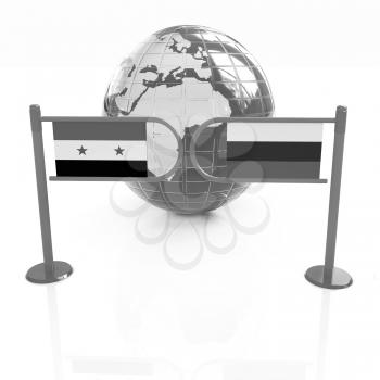 Three-dimensional image of the turnstile and flags of Russia and Syria on a white background 