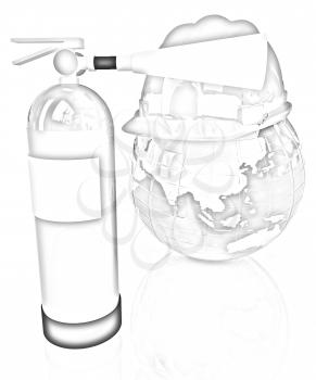 Red fire extinguisher and hardhat on earth on a white background