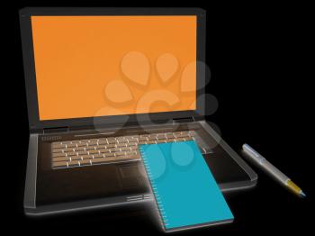 laptop and notepad on a black background