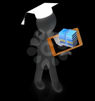 3d white man in a grad hat with thumb up,books and tablet pc - best gift a student on a white background