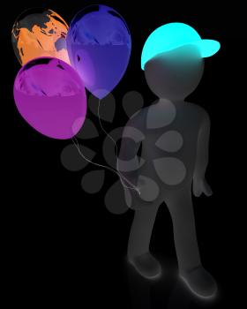 3d man keeps balloons of earth and colorful balloons . Global holiday on a white background