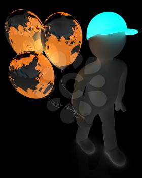 3d man keeps balloons of earth. Global holiday on a white background