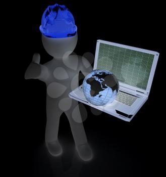 3D small people - an international engineer with the laptop and earth on a white background