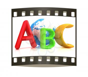 abc text and earth on white background. The film strip