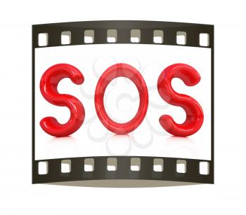 3d red text sos on a white background. The film strip