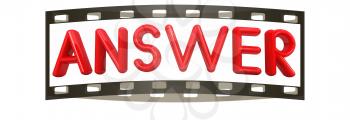 answer 3d red text on a white background. The film strip