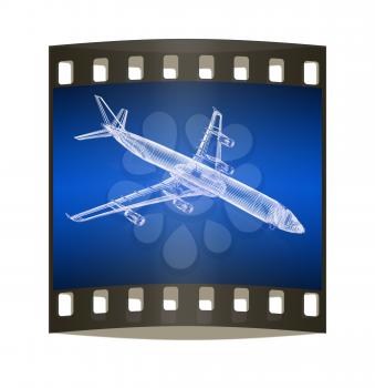 3d model Flying airplane on gradient background. The film strip