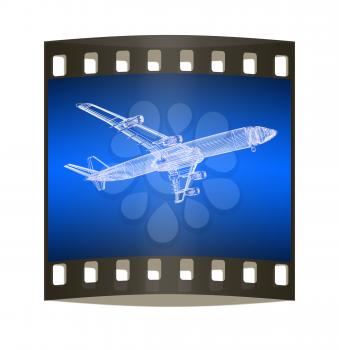 3d model Flying airplane on gradient background. The film strip