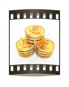 Gold euro coins on a white background. The film strip