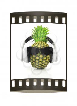 Pineapple with sun glass and headphones front face on a white background. The film strip