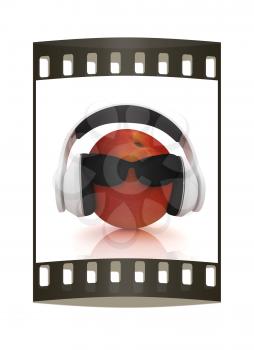 fresh peaches with sun glass and headphones front face on a white background. The film strip
