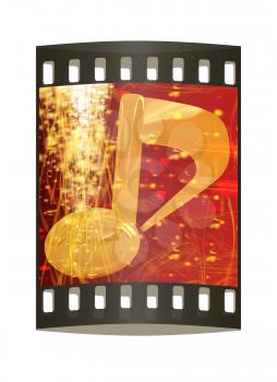 3d note on red fantasy background. The film strip