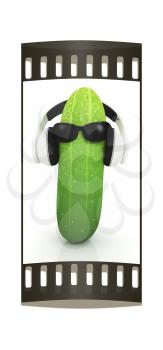 cucumber with sun glass and headphones front face on a white background. The film strip