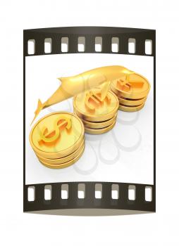 Gold coins with 3 major currencies with golden dolphin on a white background. The film strip