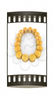 the number zero of gold coins with dollar sign on a white background. The film strip
