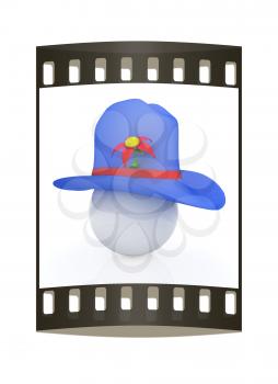 Blue hat on a blue hat with fantastic flower on white background. 3d. The film strip