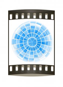 abstract 3d sphere with blue mosaic design on a white background. The film strip