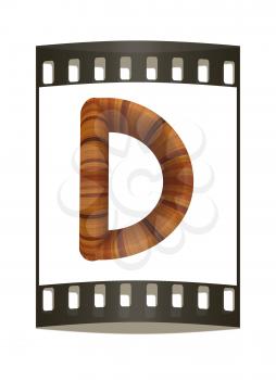 Wooden Alphabet. Letter D on a white background. The film strip