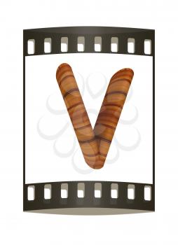 Wooden Alphabet. Letter V on a white background. The film strip