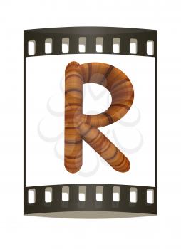 Wooden Alphabet. Letter R on a white background. The film strip