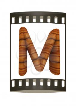 Wooden Alphabet. Letter M on a white background. The film strip