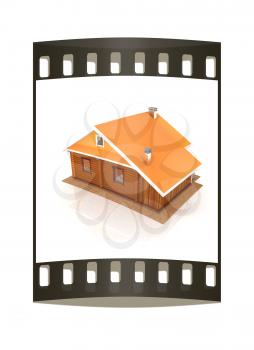 Wooden travel house or a hotel on a white background. The film strip
