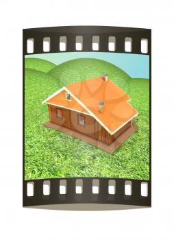 Wooden house against the background of fairytale landscape. The film strip