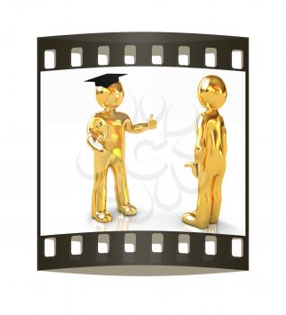 Golden 3D mans in a grad hat and a man on a white background. The film strip