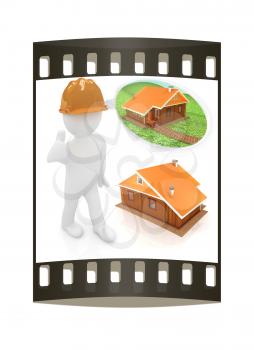 3d architect in a hard hat with thumb up with real plans. 3d image. Isolated white background. The film strip