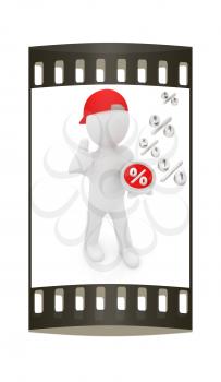 Best percent! 3d man in a red peaked cap keeps the most beneficial interest! On a white background. The film strip