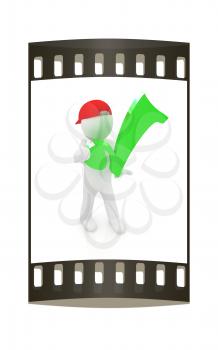 3d man in a red peaked cap with thumb up and a huge tick on a white background. The film strip