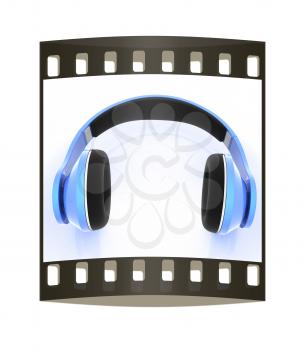 3d illustration of blue headphones on white background. This is the best detail renderer. The film strip