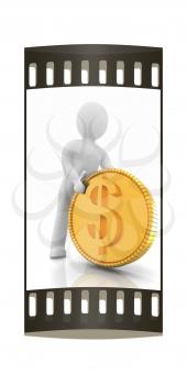 3d small man with gold dollar coin on a white background. The film strip