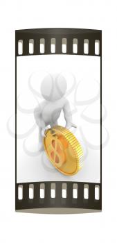 3d small man with gold dollar coin on a white background. The film strip