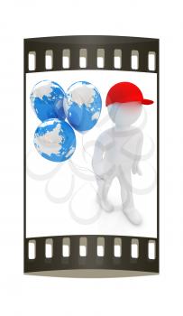 3d man keeps balloons of earth. Global holiday on a white background. The film strip