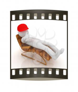 3d white man lying wooden chair with thumb up on white background. The film strip